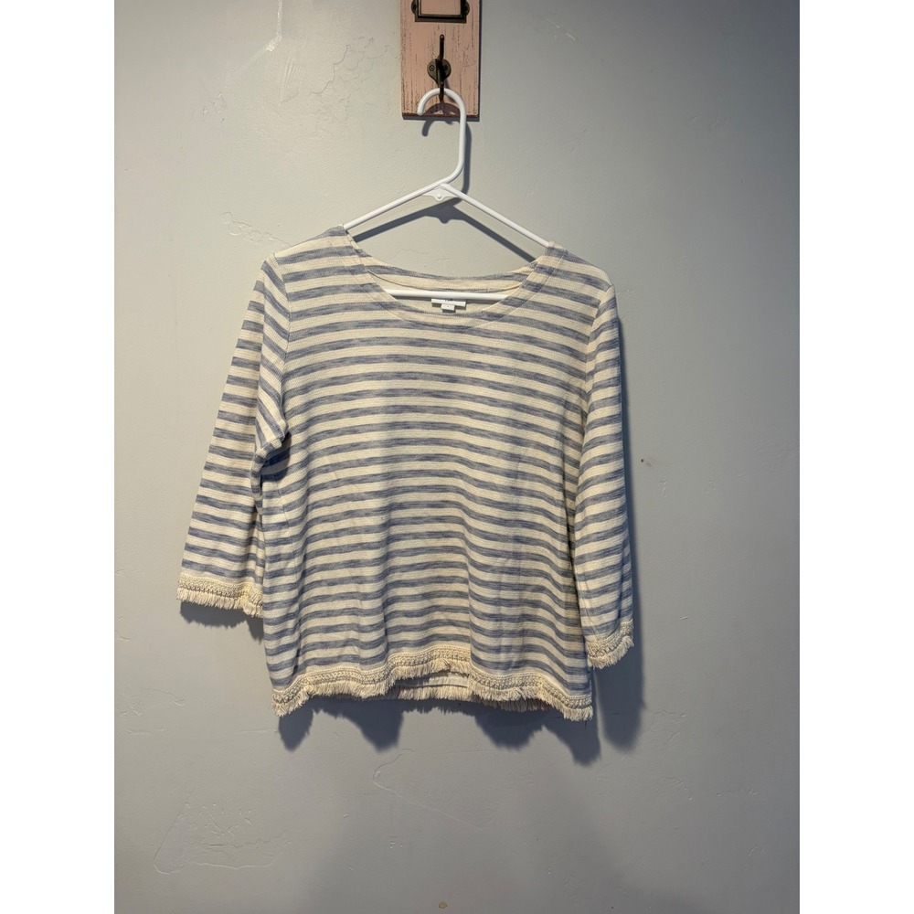J. Jill Blue Cream Striped Fringe Trim Cotton Top Small 3/4 Sleeve Nautical